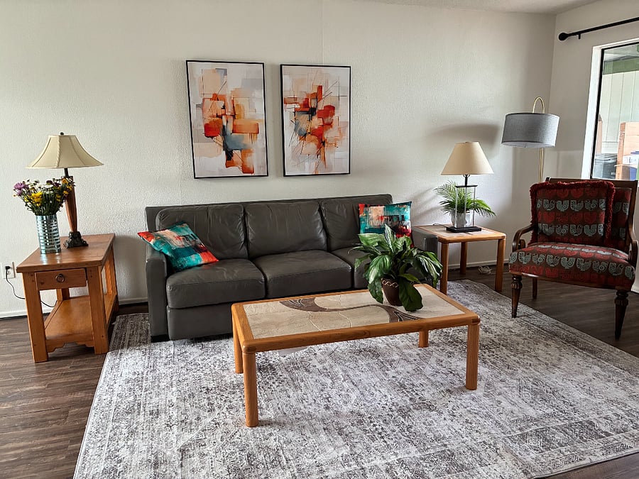 Relaxing space to come home to after a tough day. Leather couch and a 50" TV .