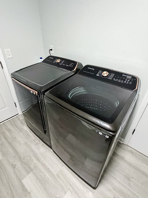 Samsung Washer and Dryer with Laundry Supplies (Laundry Room)