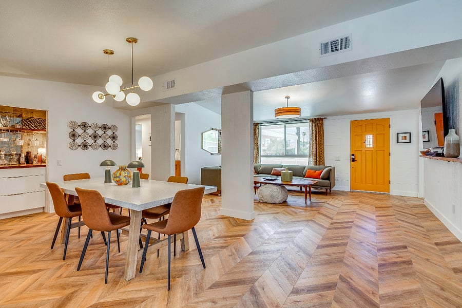 Dining Room and Living Room with electrified fireplace and 75" TV