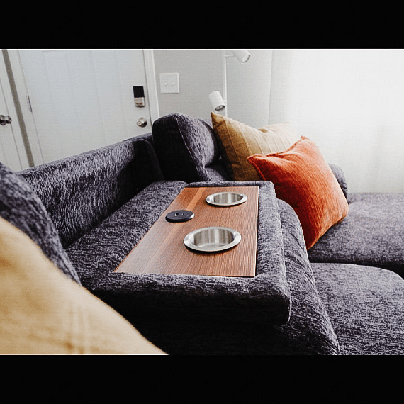Comfy L sectional sofa with cupholders and charging station built in. You can also pull out the built-in ottoman that creates a great place to lounge.