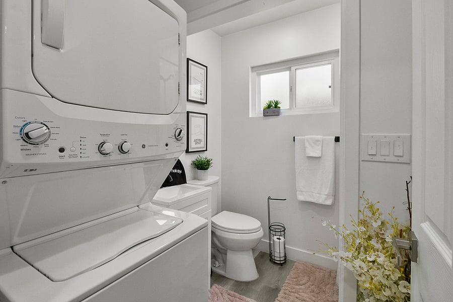Private bathroom with vanity, storage, and your own in-unit washer and dryer.