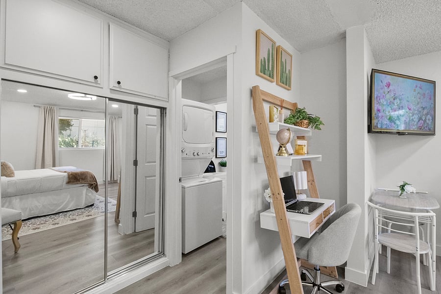 Dedicated workspace with fast Wi-Fi, mirrored closet, dining area, and convenient access to your private in-unit washer & dryer.