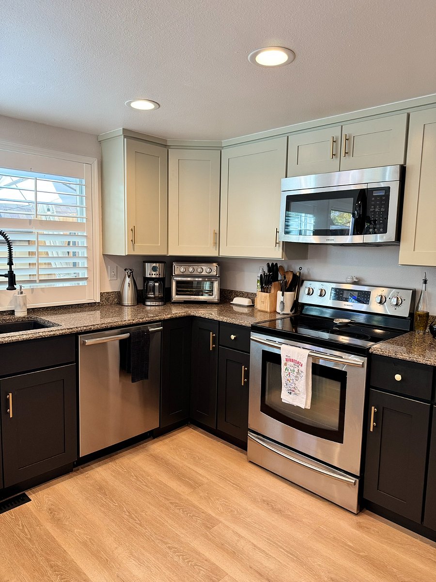 Samsung kitchen appliances (refrigerator, oven and microwave) and Frigidaire dishwasher, countertop toaster oven