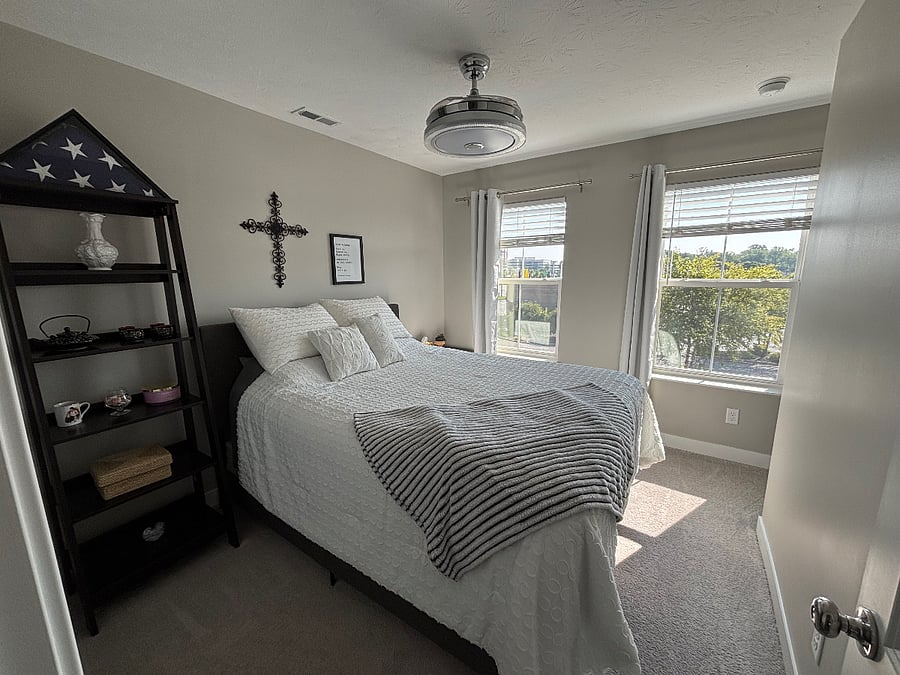 Private bedroom with queen bed, full closet and ample drawer space in dresser and bedside drawers. 
