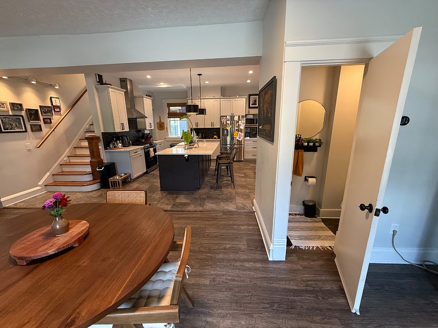 Kitchen, Dining room, and half bath.