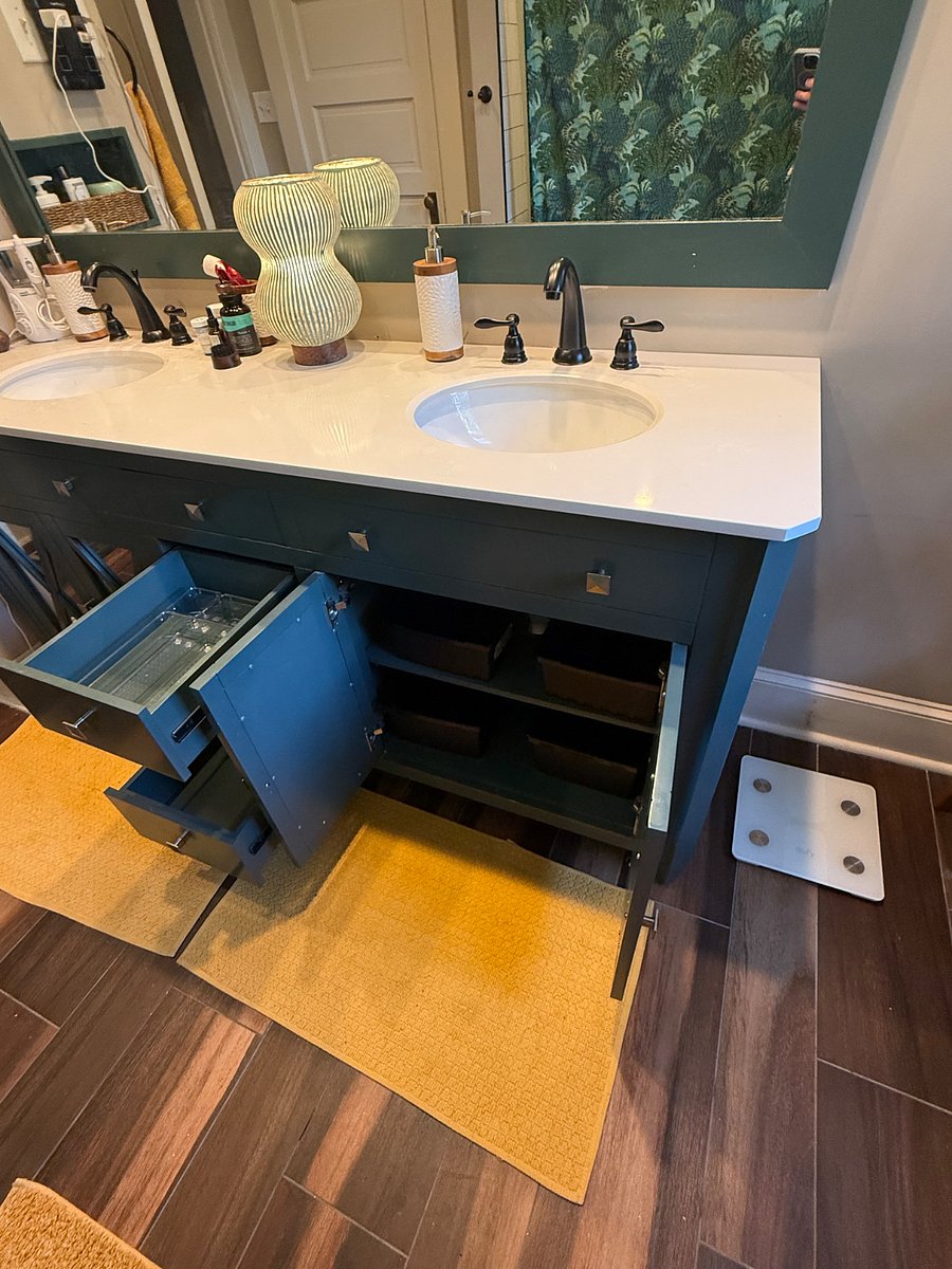 Vanity storage you will have in the bathroom. Bins you see are yours to use.