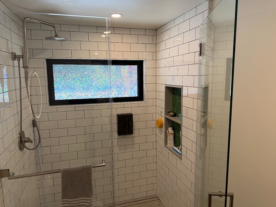 Full step in rain shower with soap and supplies