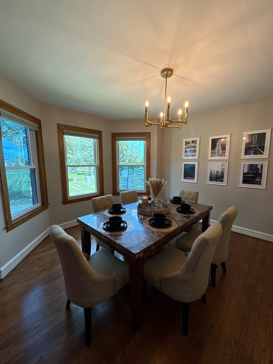 Set the table for a family dinner under the light of the bay windows, or spread out to work.