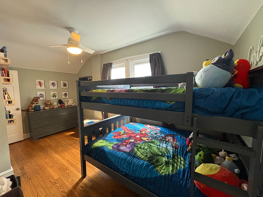 Currently pictured as a kids room with bunk beds, this will be made into an adult bedroom with a full size bed.