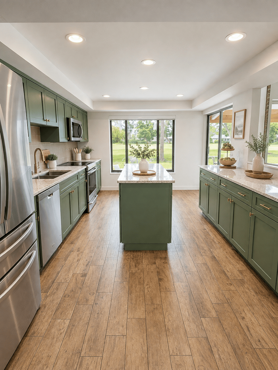 Bright, colorful kitchen with induction stove is open to the dining and living room with direct access to the porch. 
