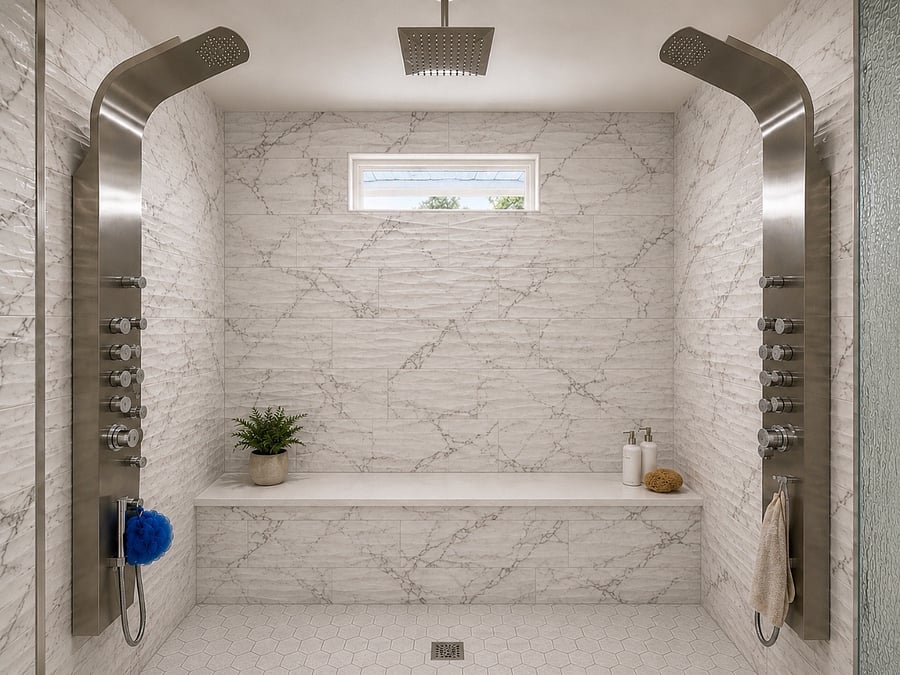 Enclosed by a large, custom glass door and windows this is a great place to unwind from a busy day. The dual shower panels, rain shower head and interior blue tooth speaker to play your favorite music on provide relaxation while stretching out on the 6 foot oversized, sparkling quartz bench. 