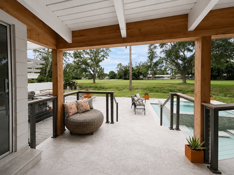 Custom cable rail and stairs to the large patio that expands the entire width of the house. 