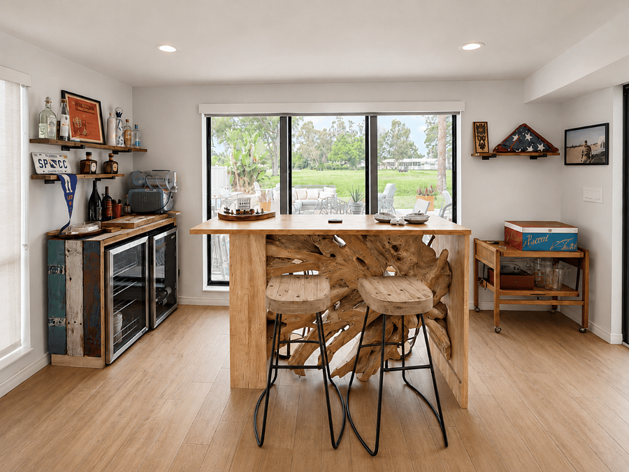 A beautiful teak bar and double wine refrigerators make this the perfect spot to catch up with friends 