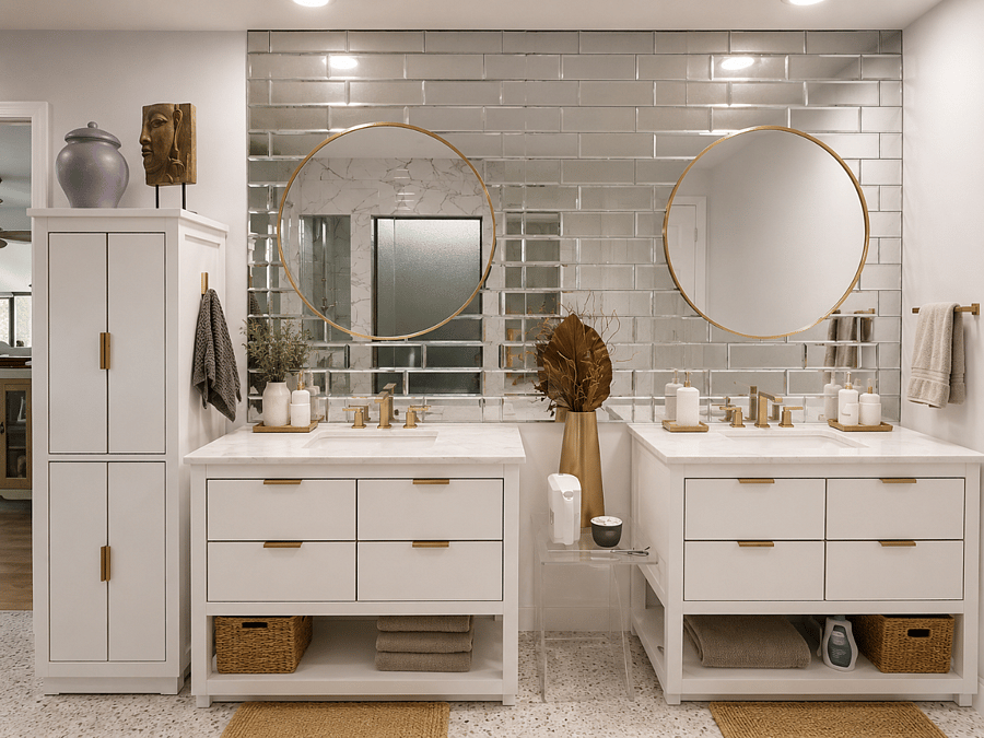 Separate vanities with deep drawers and a linen tower allow for even more storage.