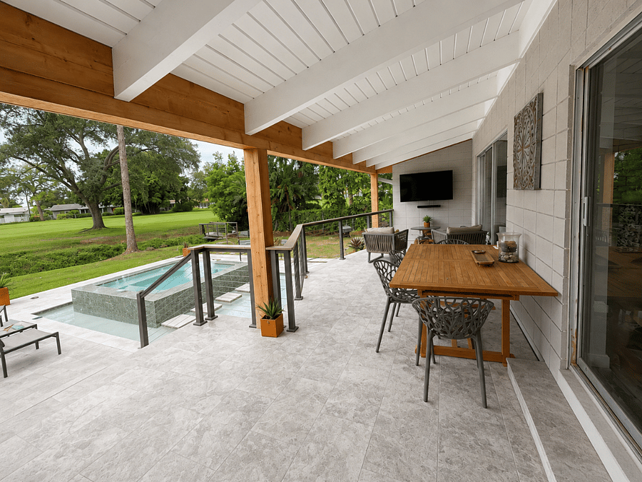 Extra space for dining is a bonus with sliding glass doors that allow the outside and doors to merge. 