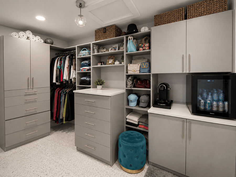 Make a cup of coffee while selecting your outfit for the day. The mini fridge is great for storing everything from water bottles to face masks and there is a microwave in the cabinet above to heat water for tea or warm towels for a quick facial. 