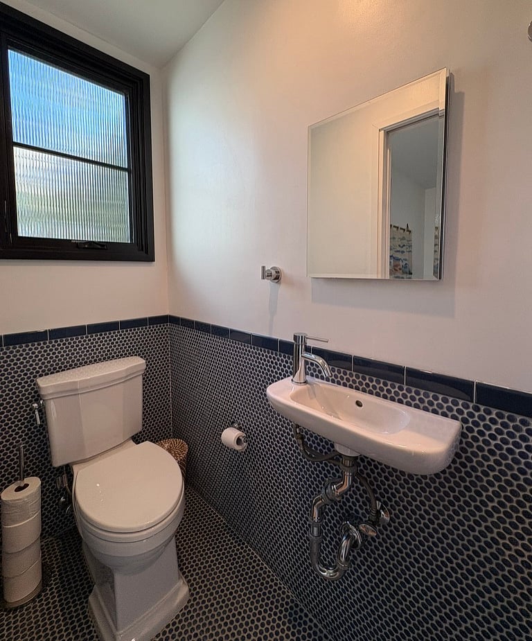 Toilet and frosted window overlooking patio.