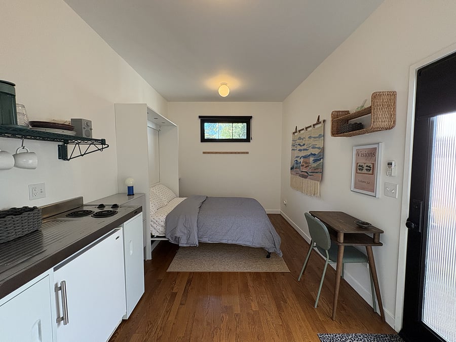 Full size murphy bed. When stored upright, tons of room for yoga and exercise on the soft rug.