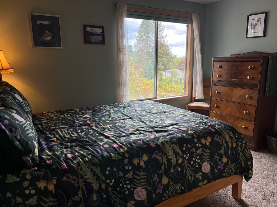 view from guest room bed, dresser