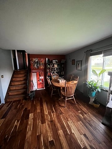 View from living room down to entry landing and stairs up to guest living quarters. To the left of this photo is the entrance into the kitchen and the back porch. 
