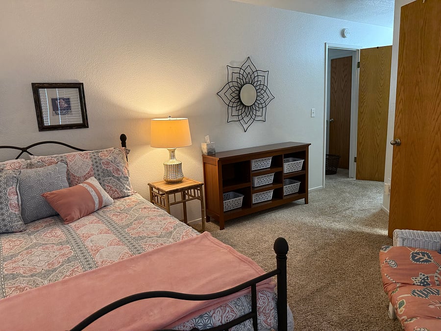 Dresser with Bins to find everything immediately, walk in closet to the right
