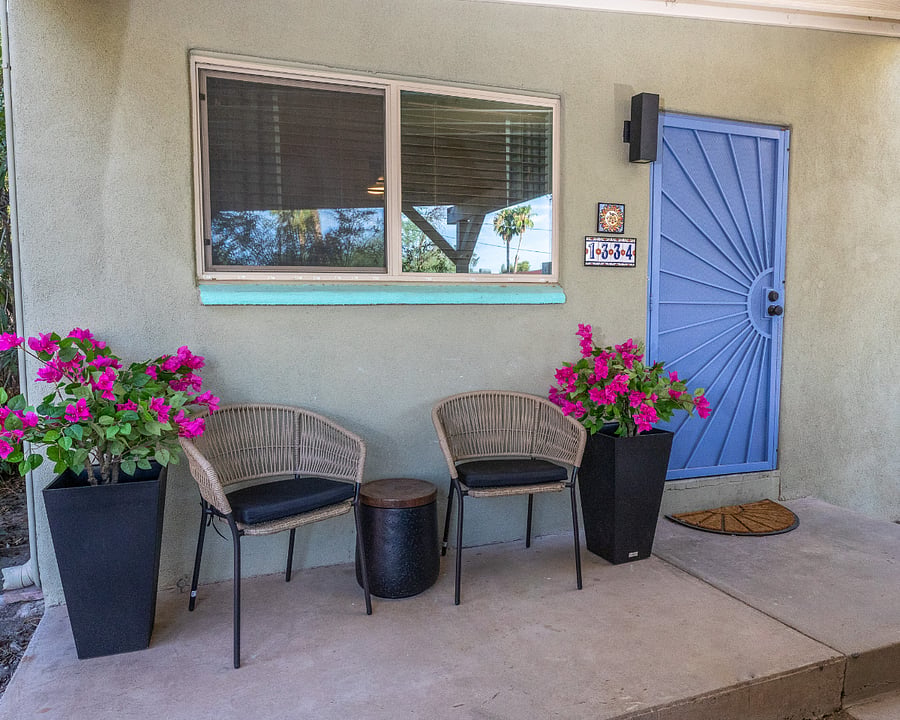 Private, shaded patio with keyless entry - perfect for unwinding with a drink after a long shift.