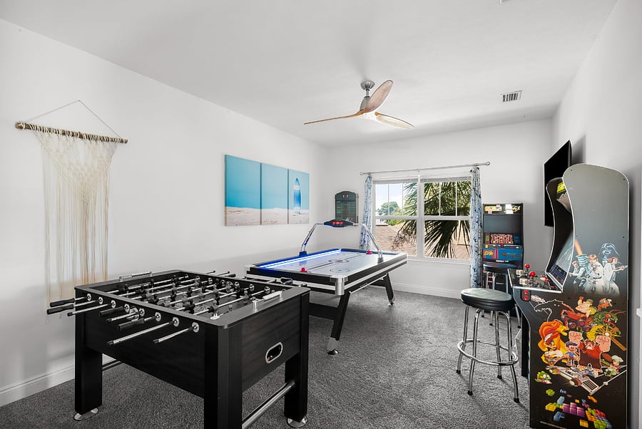 gamer room, foosball, air hockey, 2 arcade video games, 