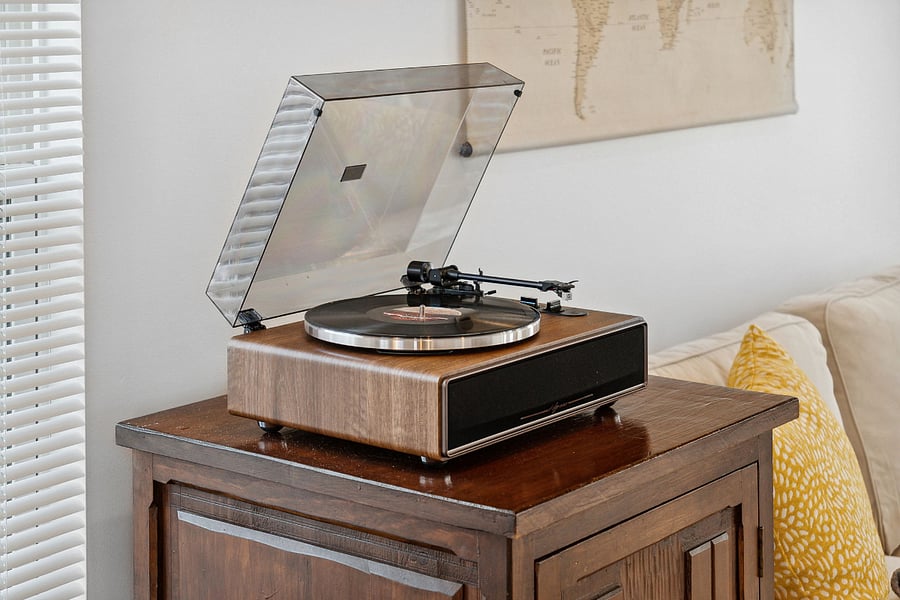 retro record player with record collection.