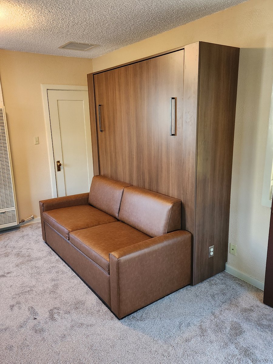 Leather couch which transforms into a queen-size bed without removing cushions.