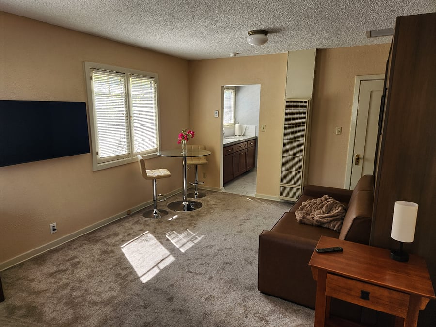 Smart TV opposite the leather couch and bar-height table for eating and socializing.