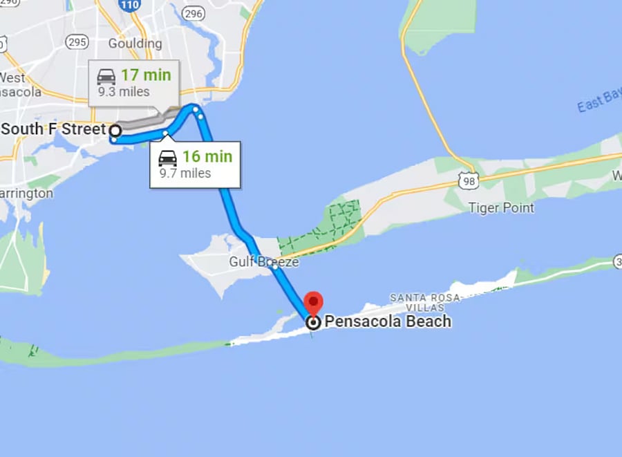 Pensacola beach ~16 minute drive