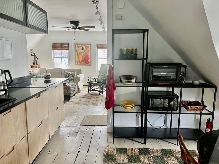 Full kitchen with induction stovetop, full sized fridge, dishwasher and Breville appliances