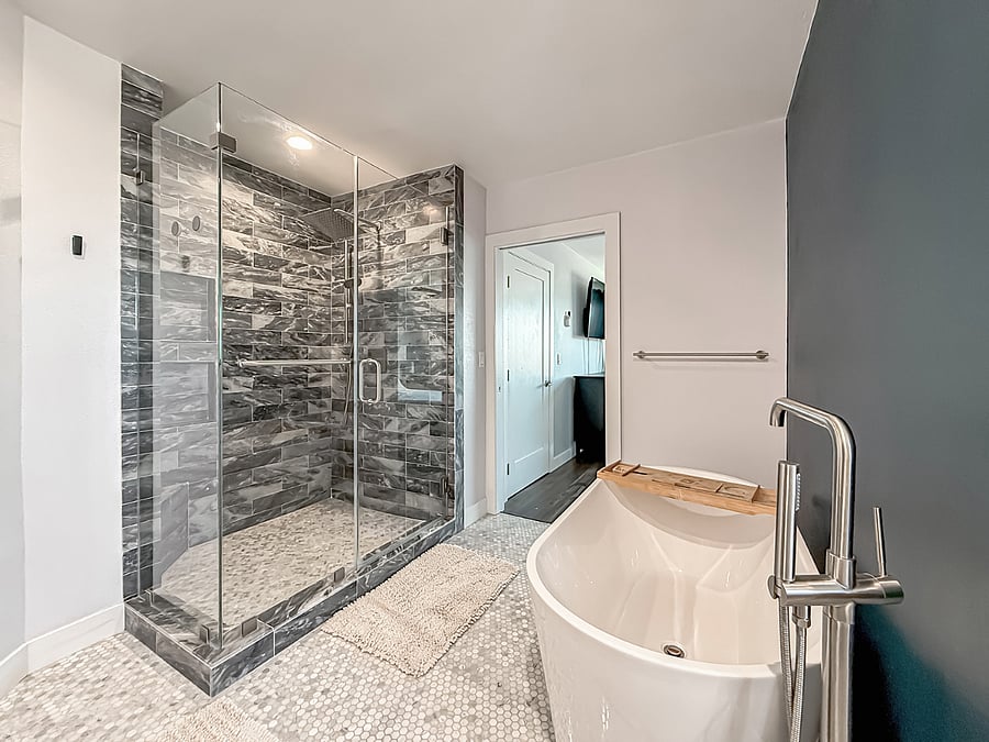 Furnished Luxury Bath with Soaking Tub & Glass Shower | Furnished Vanity Bath