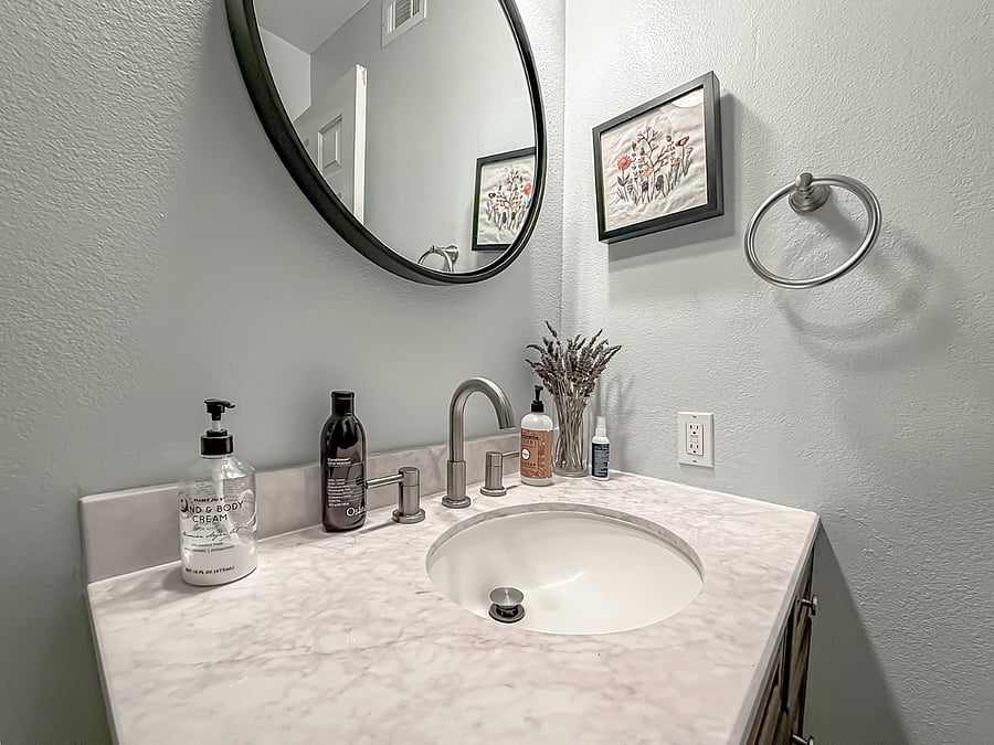 Furnished Luxury Bath with Soaking Tub & Glass Shower | Furnished Vanity Bath