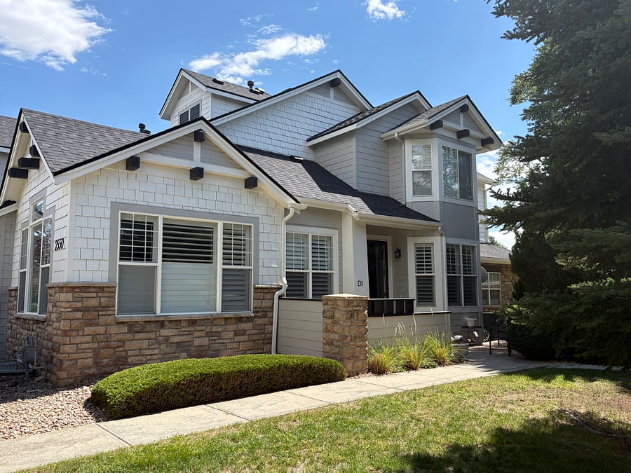 View of the front of the townhome .