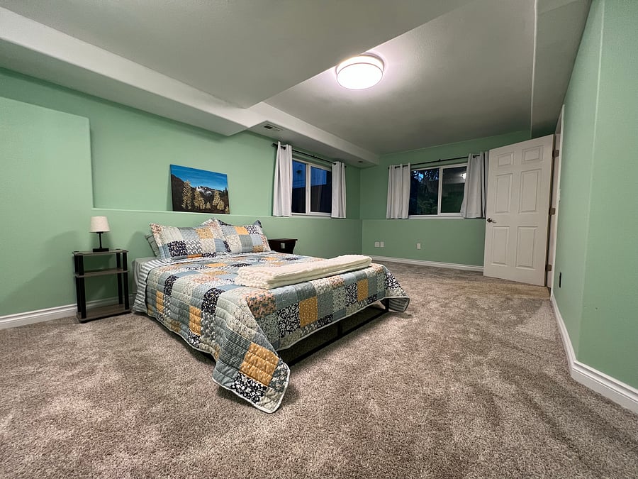 Basement: Obnoxiously large bedroom. Like, you could make a snow angel on the floor if it snowed indoors. Those are black out curtains, and yes, you will need to use them.