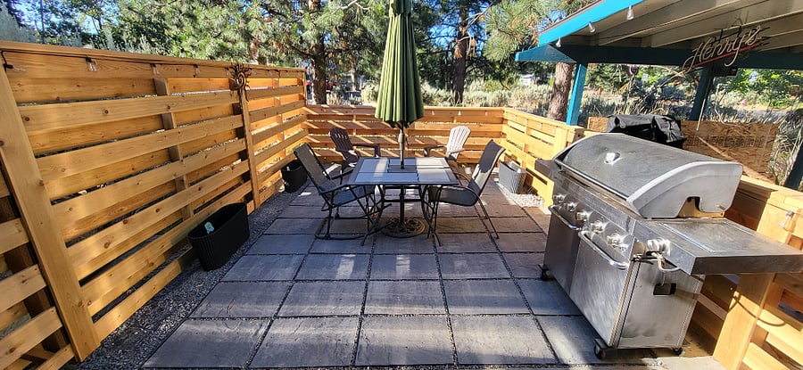 Spacious, fully fenced, private patio with fire pit