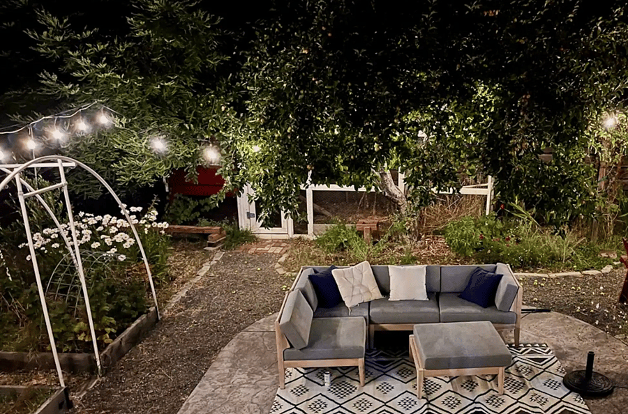 Outdoor lights twinkle every night.
