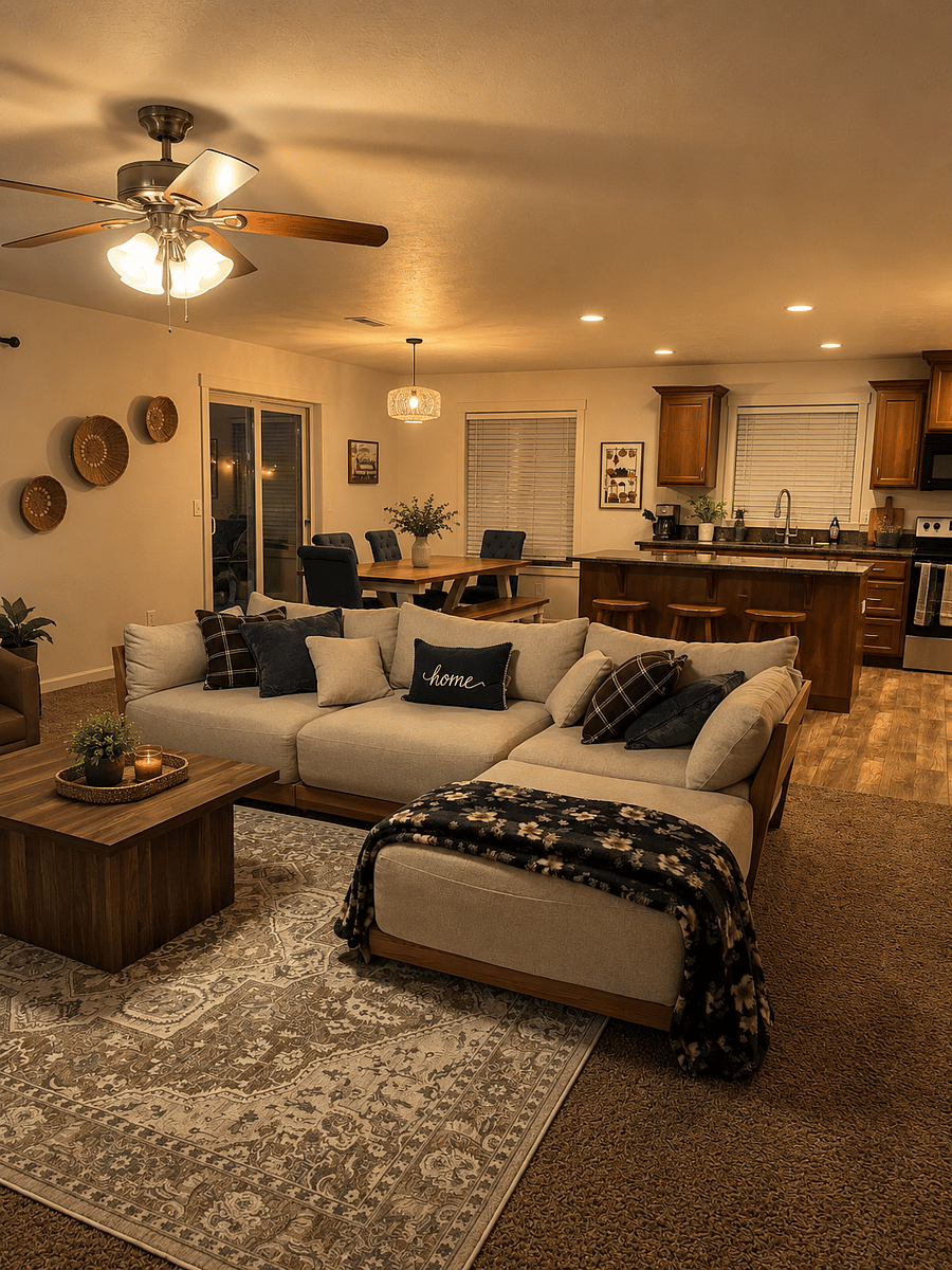living room and open kitchen