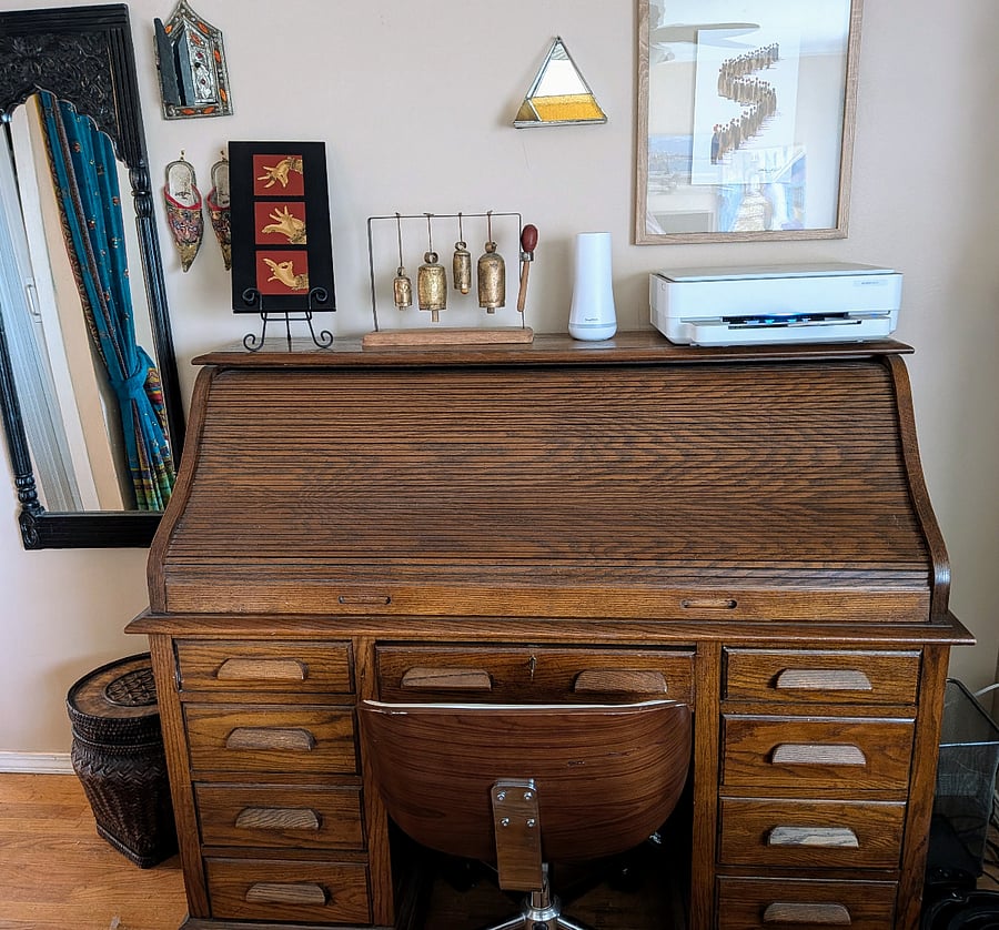 Rolltop desk workspace with wireless printer