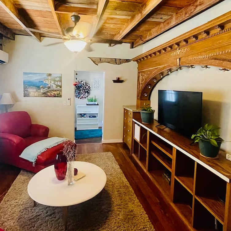 Dedicated TV room with 12' antique bar back, smart TV, chaise lounge and sofa.