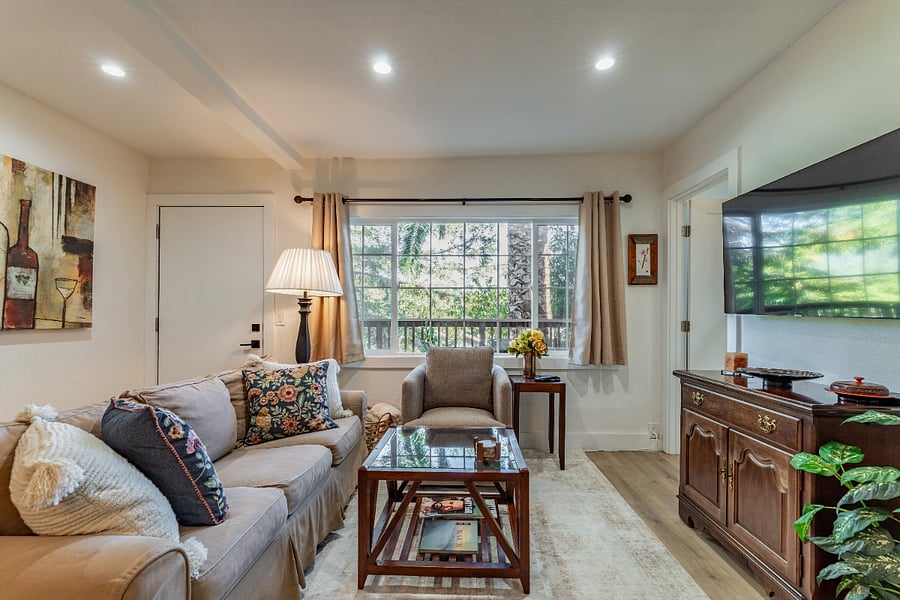 Living room area has nice view of nature and natural lighting.