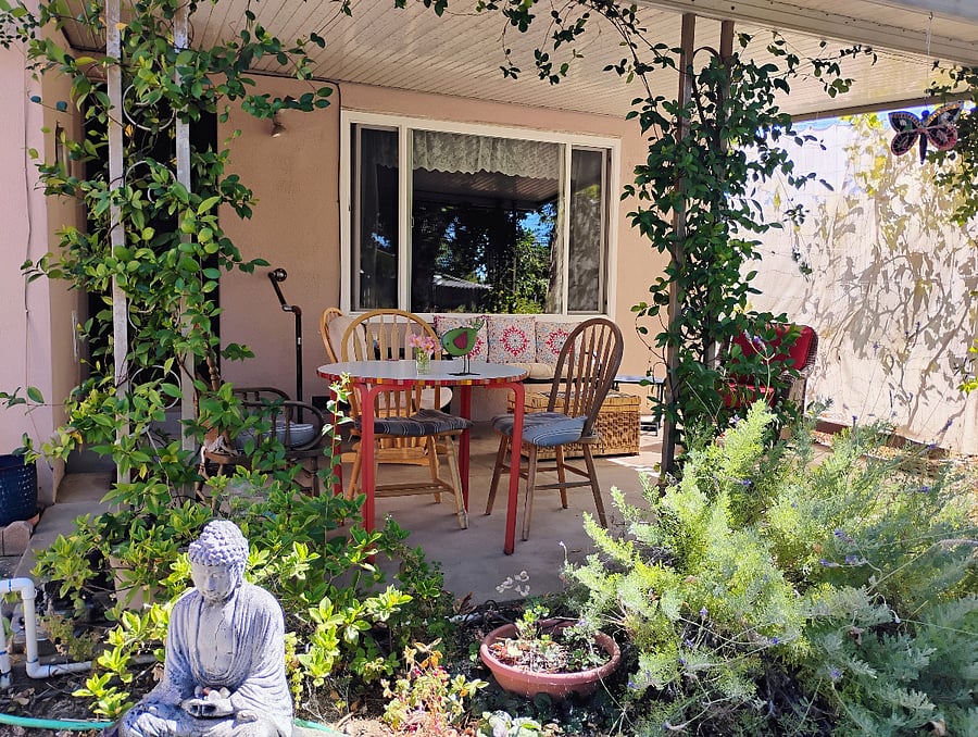 Enjoy an early-morning cup of coffee or an early-evening brew on the patio overlooking the backyard.