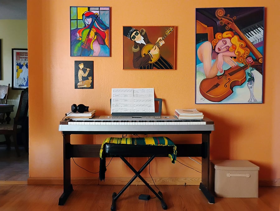 Living room with piano.