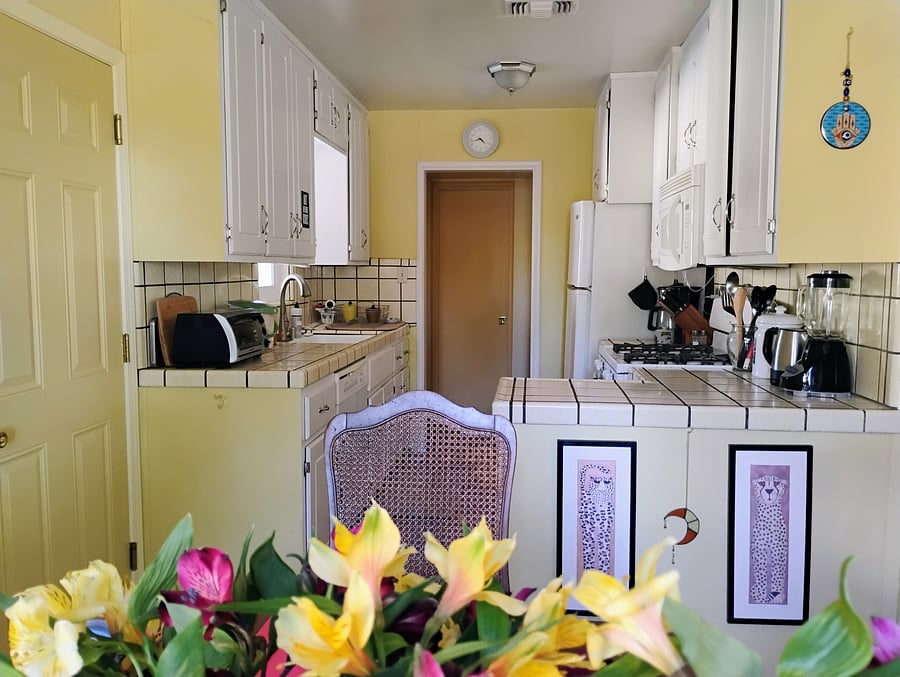 Looking into the kitchen from the dining area.