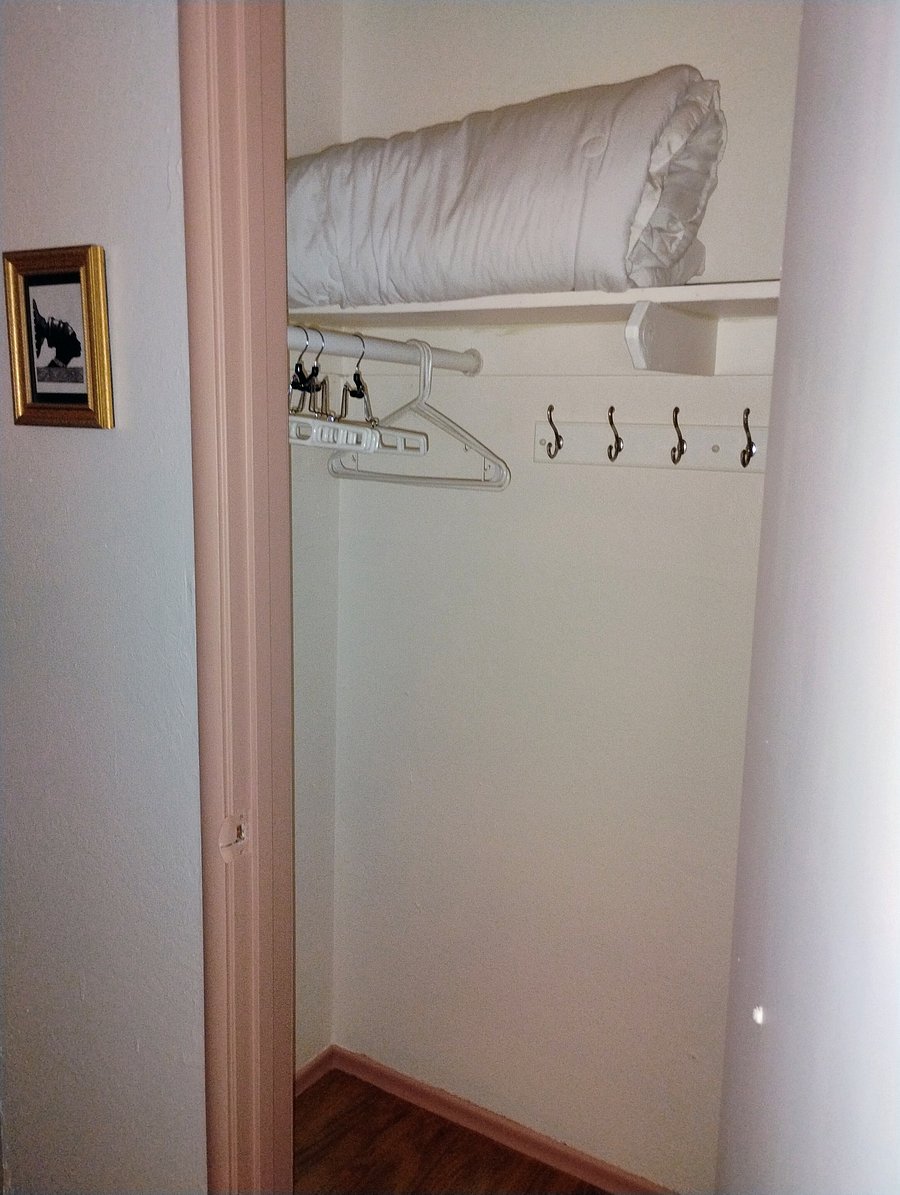 Your 2' x 5' bedroom closet has hanging rods at each end, wall hooks, and storage on top.