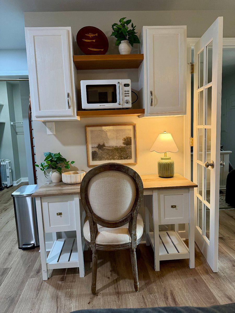 desk work space and microwave