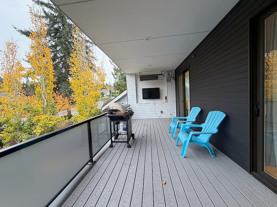 Approximately 300 sq ft covered private deck with heater, TV and gas grill