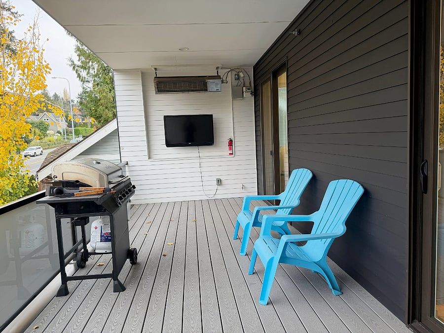 Covered deck with TV, grill, seating and mature greenery