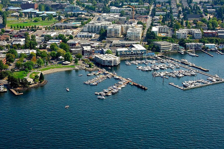 Downtown Kirkland waterfront and marina, about a 15-to-20-minute walk